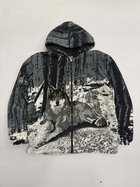 Adventure Bound Hunter Gear Wolf Print Sherpa Lined Full Zip Fleece Hoodie